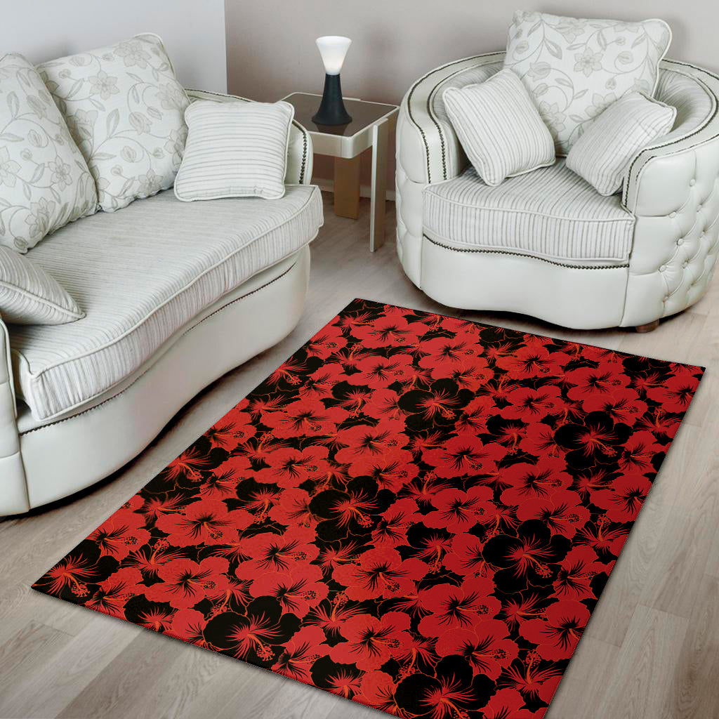 Black And Red Hibiscus Pattern Print Area Rug