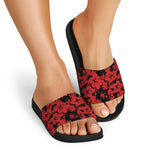 Black And Red Hibiscus Pattern Print Black Slide Sandals