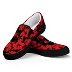 Black And Red Hibiscus Pattern Print Black Slip On Shoes