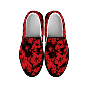 Black And Red Hibiscus Pattern Print Black Slip On Shoes