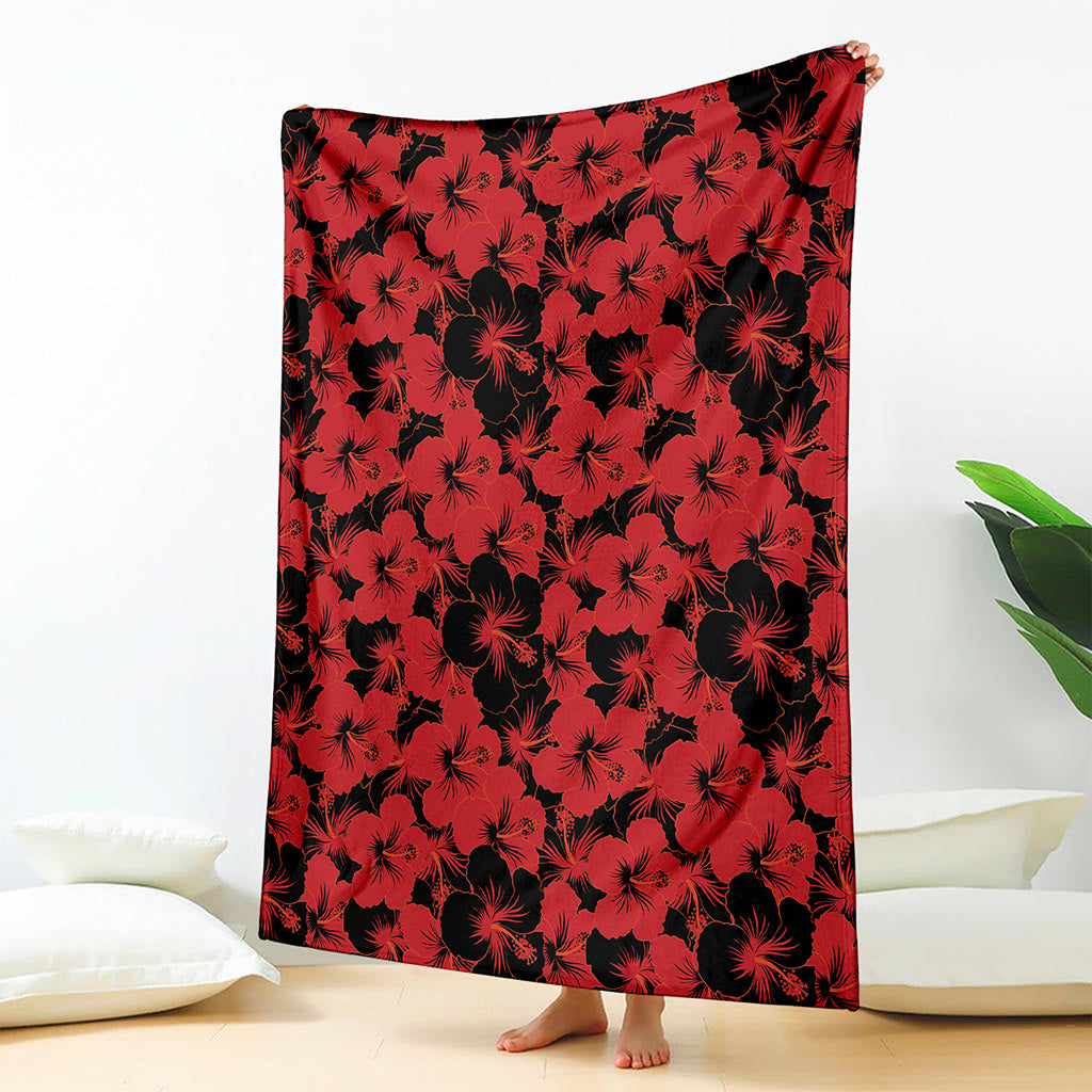 Black And Red Hibiscus Pattern Print Blanket