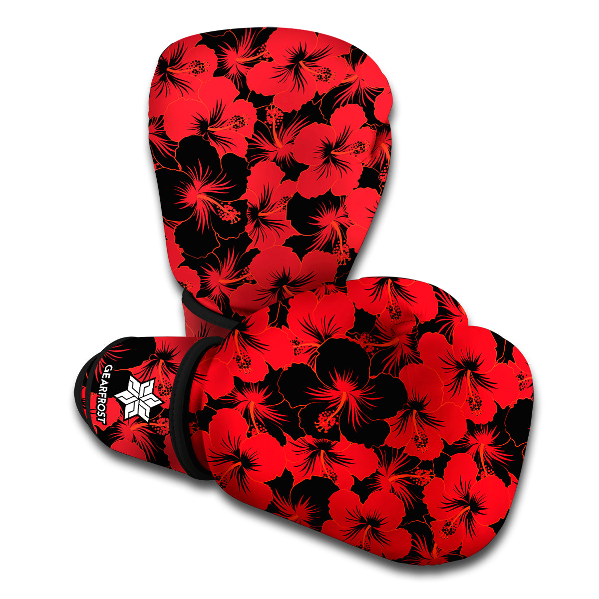 Black And Red Hibiscus Pattern Print Boxing Gloves