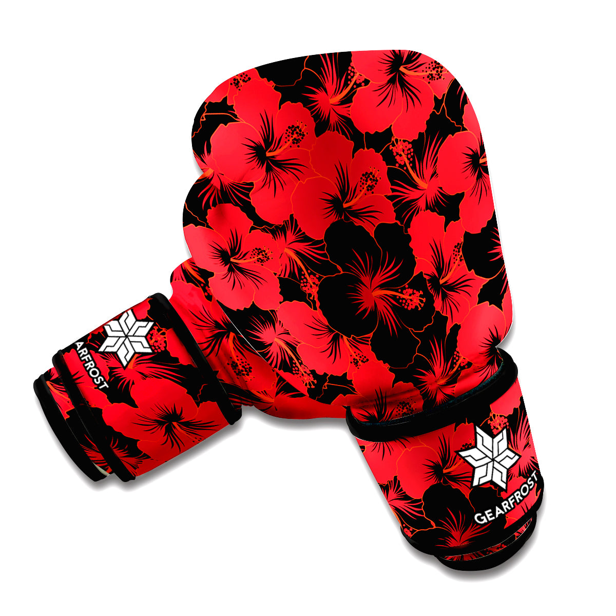 Black And Red Hibiscus Pattern Print Boxing Gloves