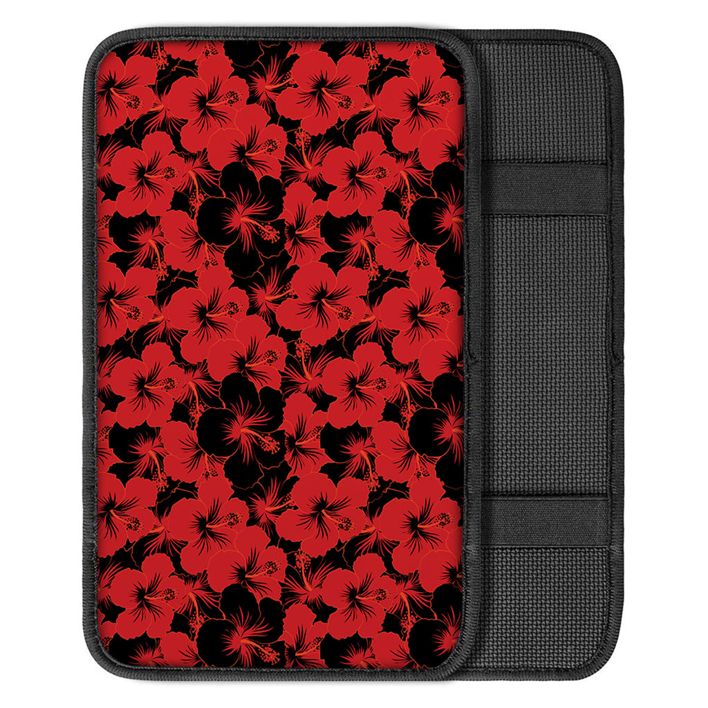 Black And Red Hibiscus Pattern Print Car Center Console Cover