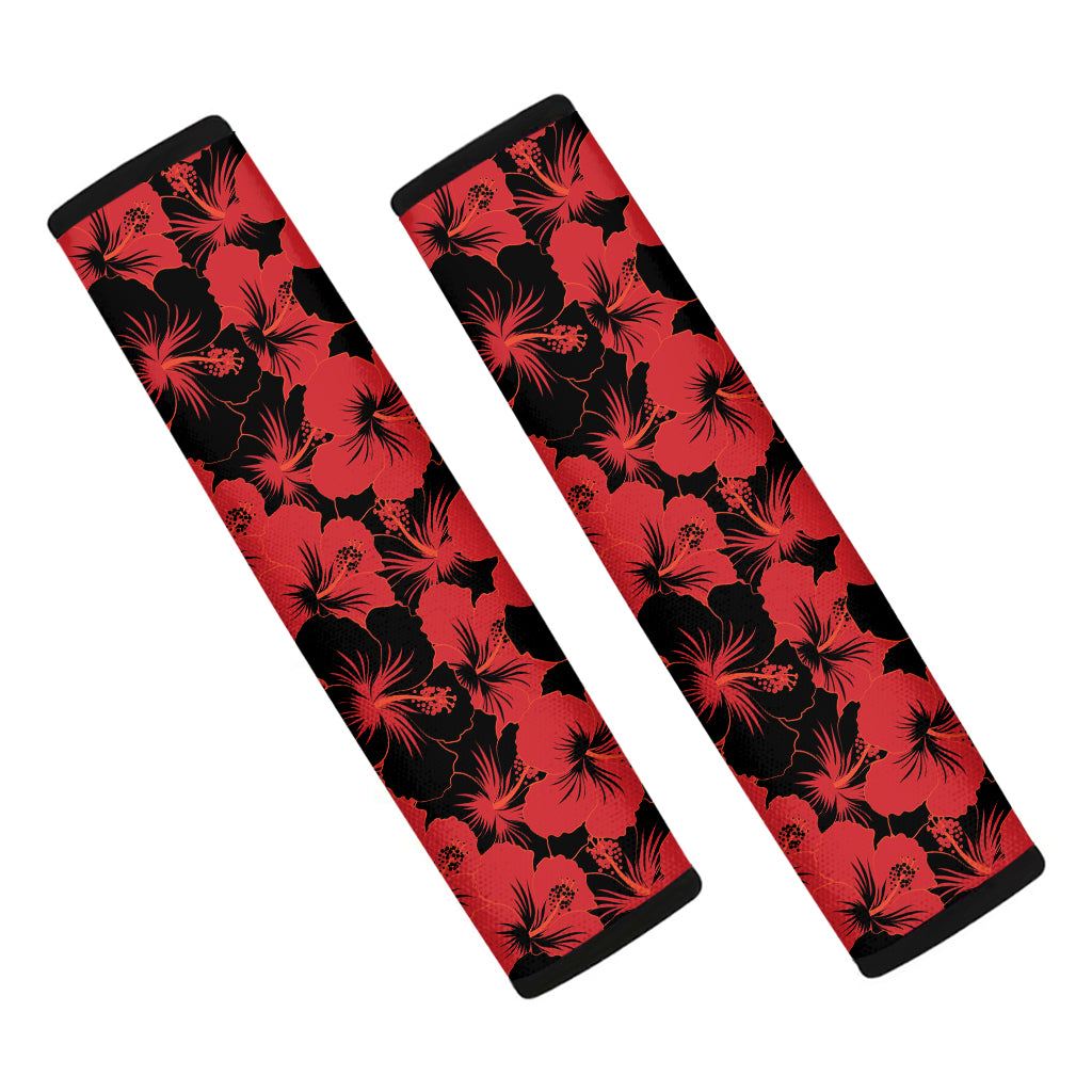 Black And Red Hibiscus Pattern Print Car Seat Belt Covers