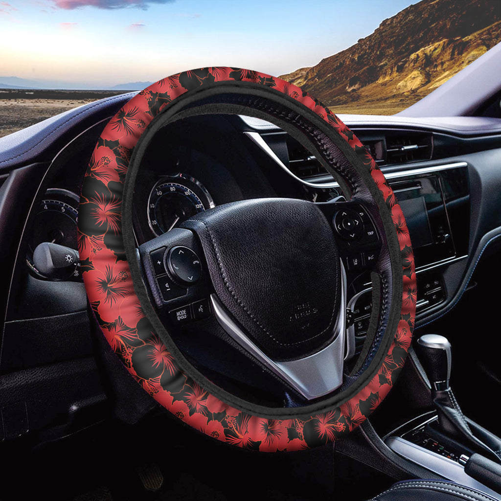 Black And Red Hibiscus Pattern Print Car Steering Wheel Cover