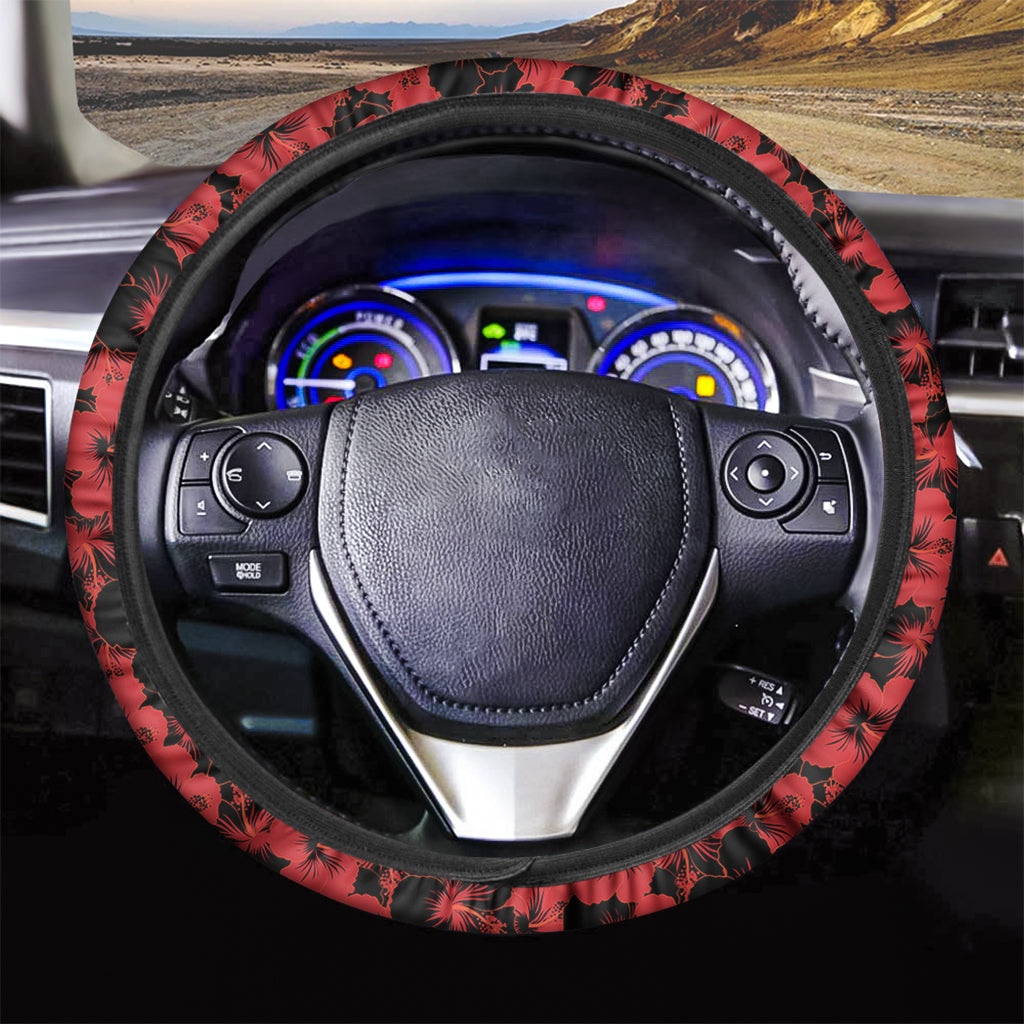 Black And Red Hibiscus Pattern Print Car Steering Wheel Cover