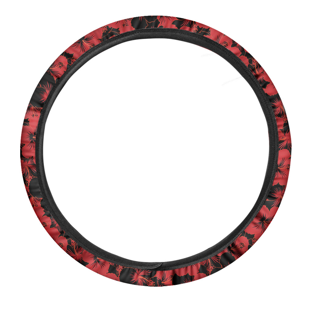 Black And Red Hibiscus Pattern Print Car Steering Wheel Cover