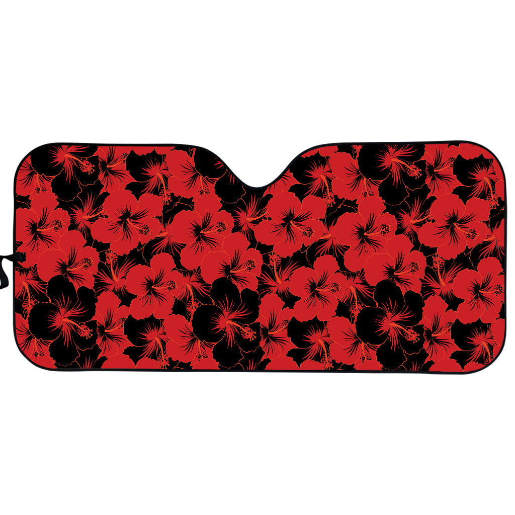 Black And Red Hibiscus Pattern Print Car Sun Shade