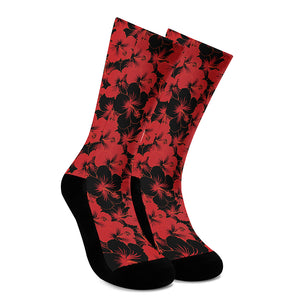 Black And Red Hibiscus Pattern Print Crew Socks