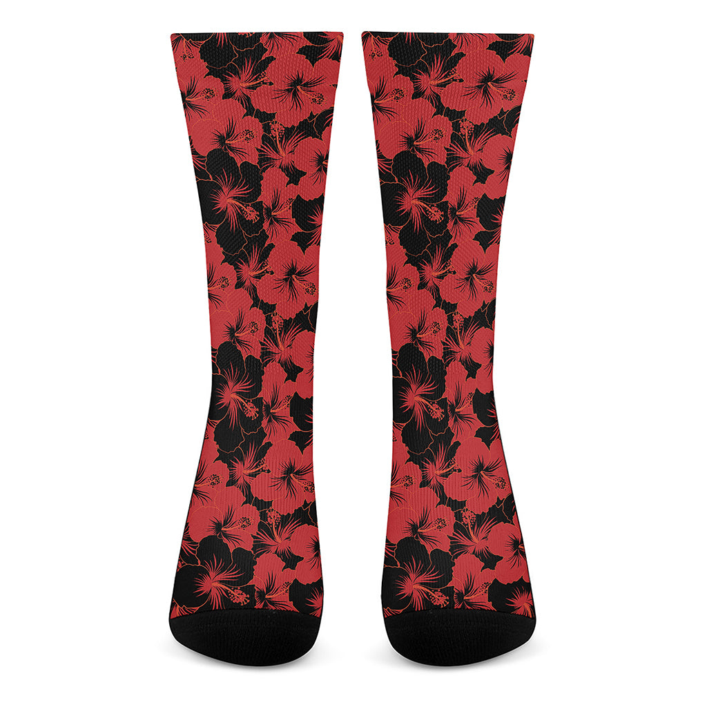 Black And Red Hibiscus Pattern Print Crew Socks