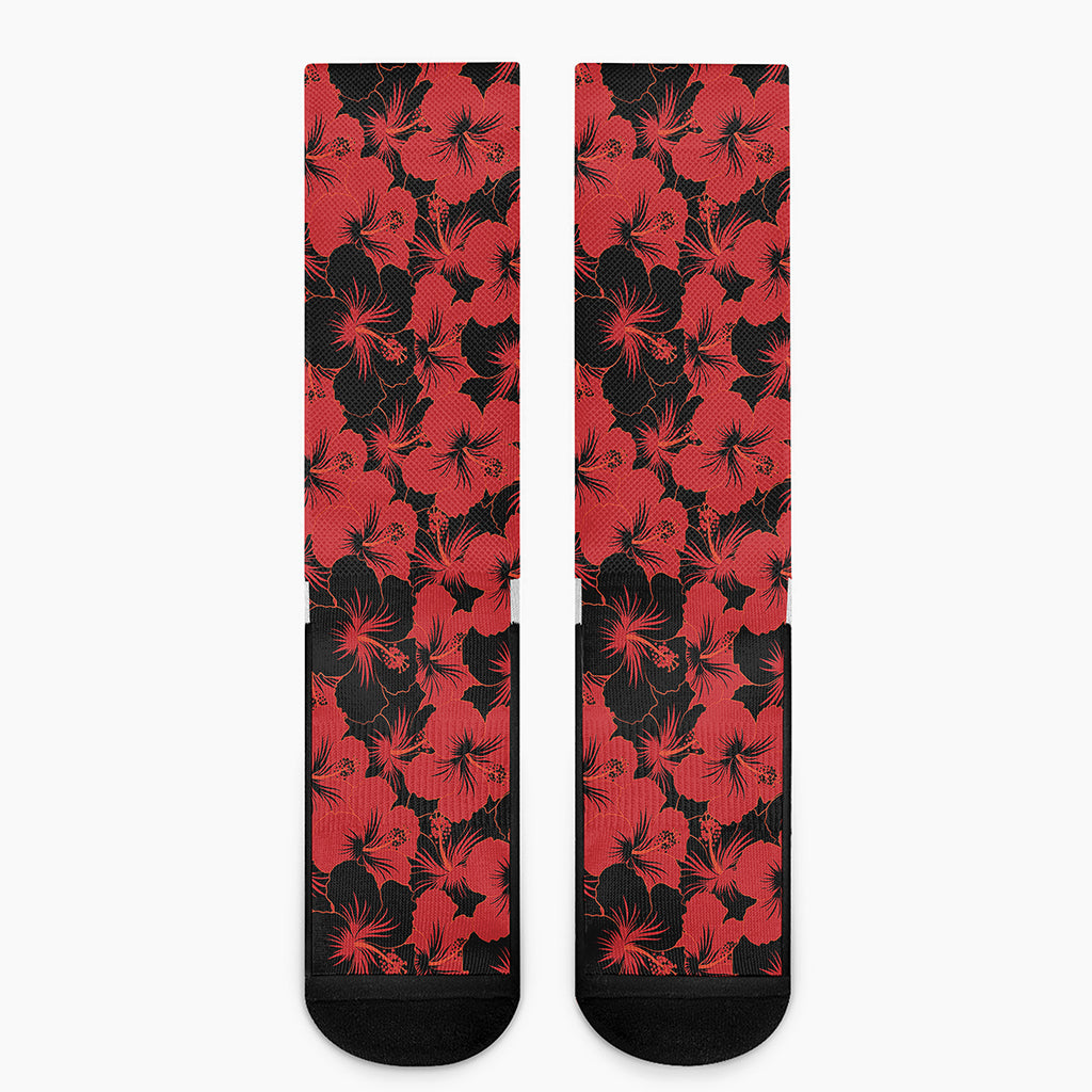 Black And Red Hibiscus Pattern Print Crew Socks