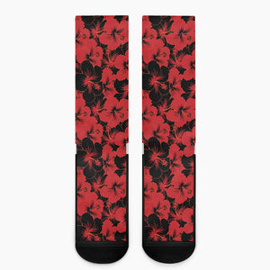 Black And Red Hibiscus Pattern Print Crew Socks