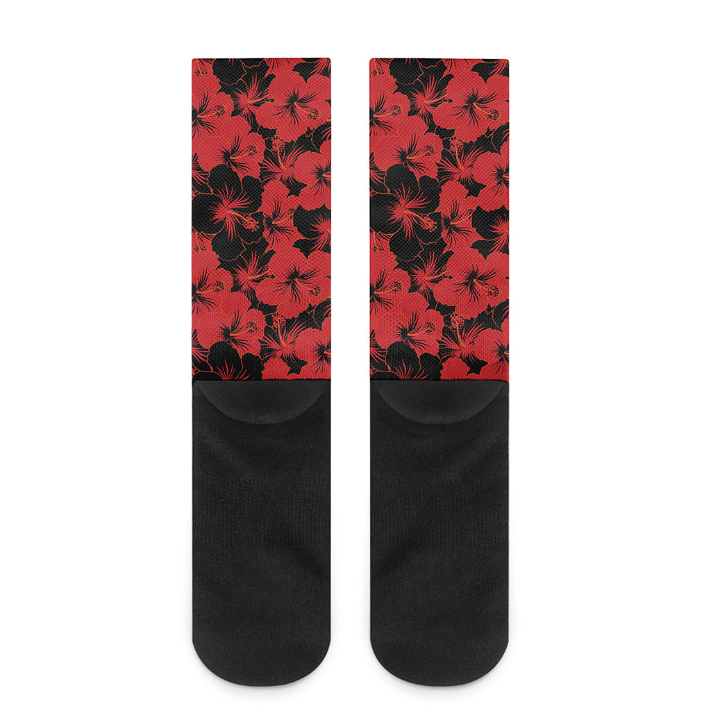 Black And Red Hibiscus Pattern Print Crew Socks