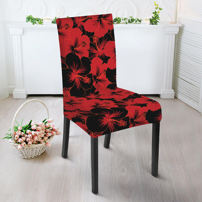 Black And Red Hibiscus Pattern Print Dining Chair Slipcover