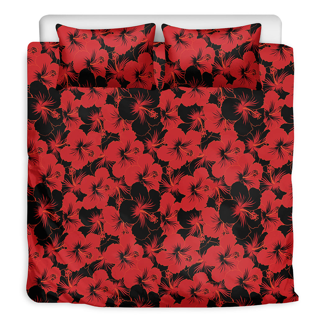 Black And Red Hibiscus Pattern Print Duvet Cover Bedding Set