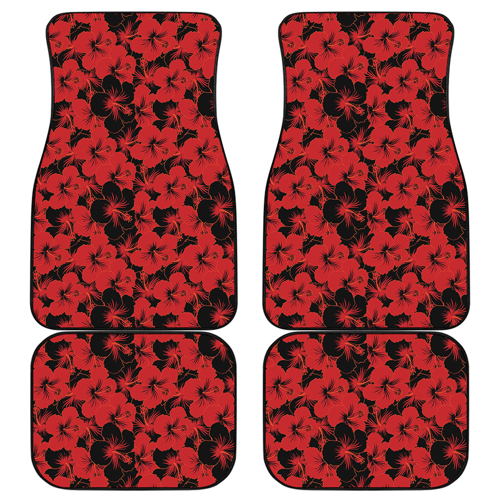 Black And Red Hibiscus Pattern Print Front and Back Car Floor Mats