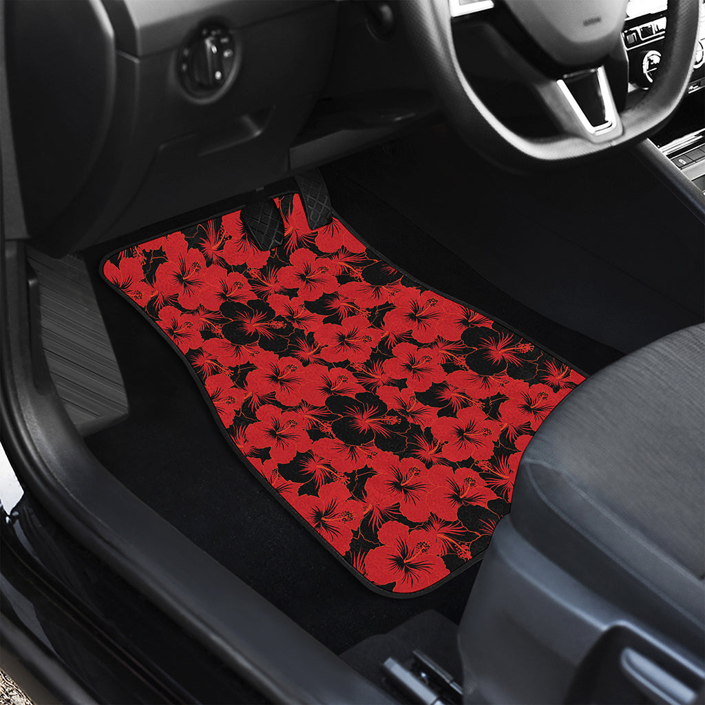 Black And Red Hibiscus Pattern Print Front and Back Car Floor Mats