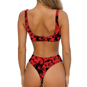 Black And Red Hibiscus Pattern Print Front Bow Tie Bikini