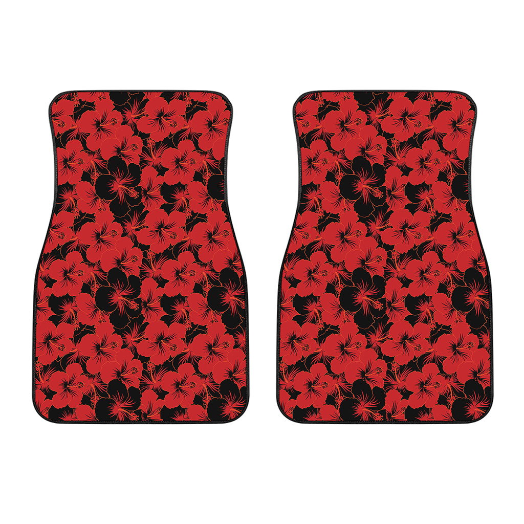 Black And Red Hibiscus Pattern Print Front Car Floor Mats