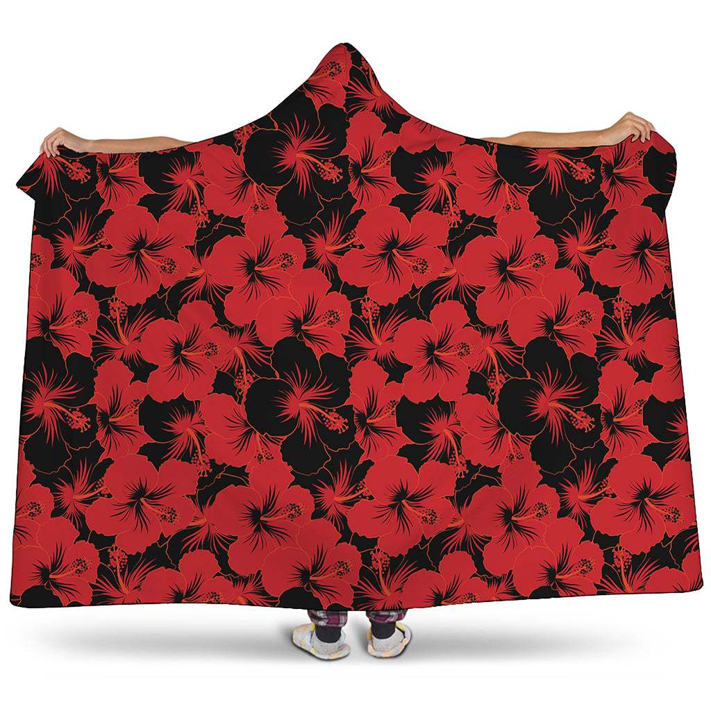 Black And Red Hibiscus Pattern Print Hooded Blanket