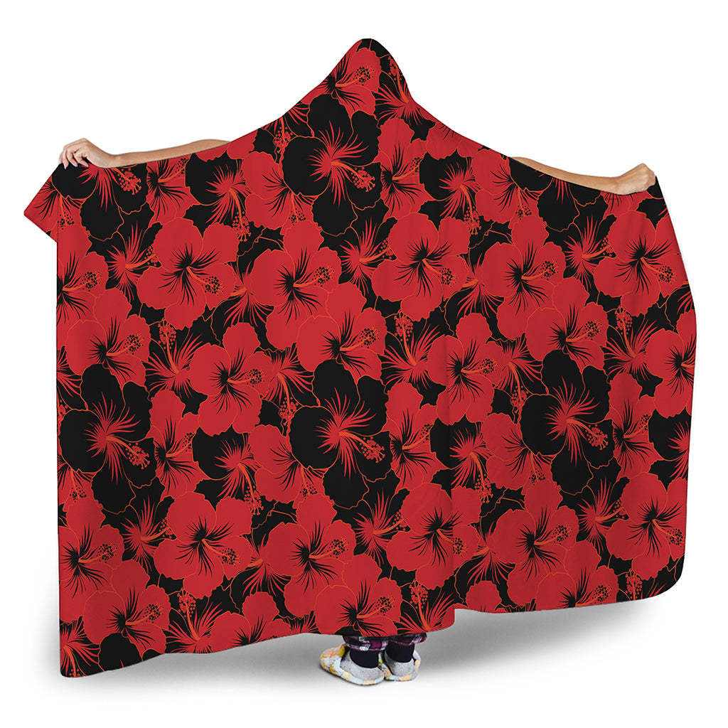 Black And Red Hibiscus Pattern Print Hooded Blanket