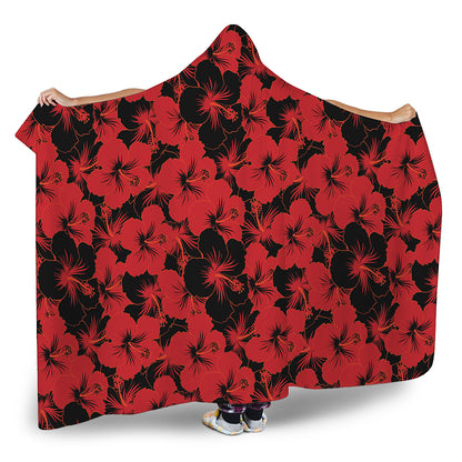 Black And Red Hibiscus Pattern Print Hooded Blanket