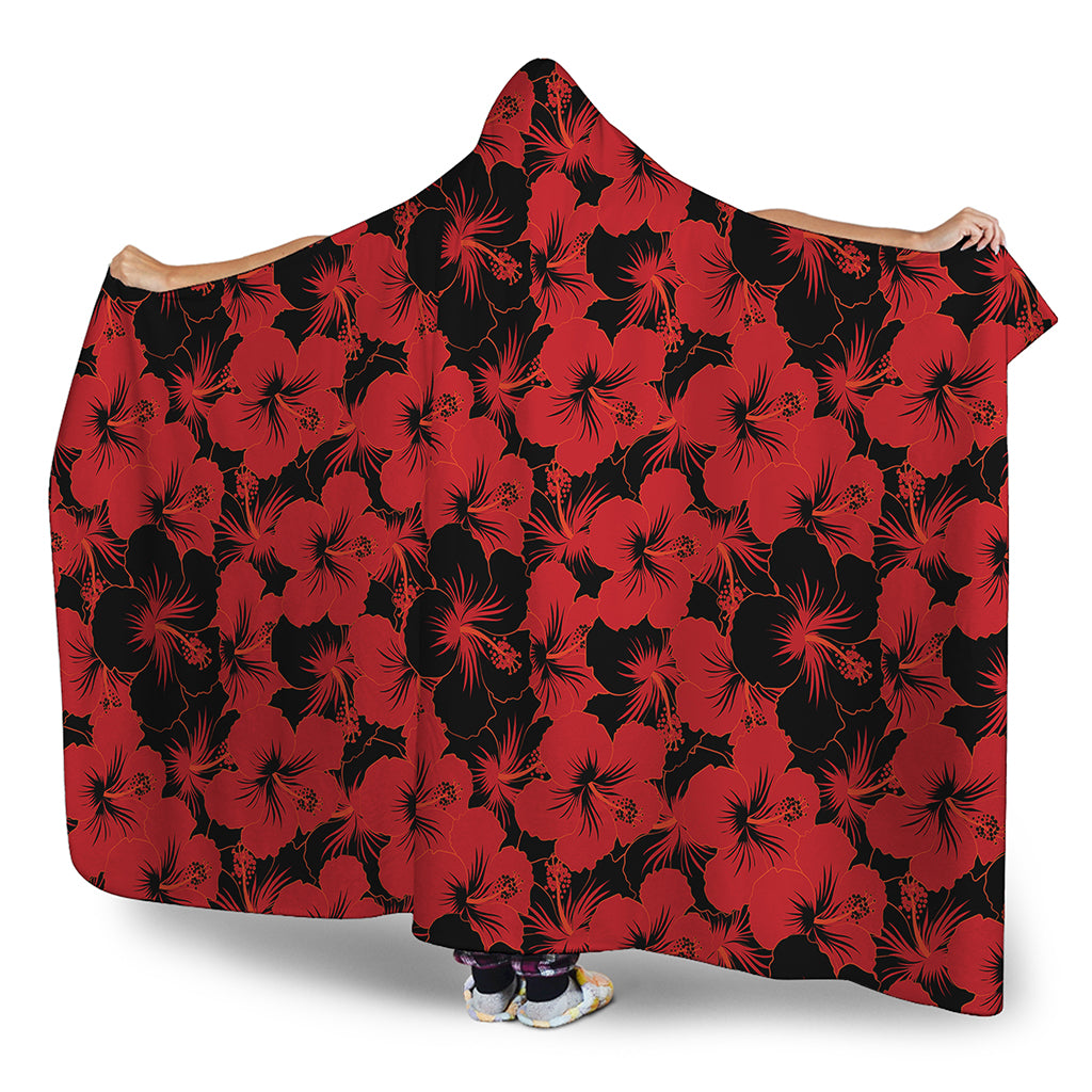 Black And Red Hibiscus Pattern Print Hooded Blanket