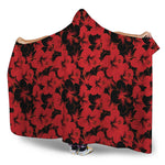 Black And Red Hibiscus Pattern Print Hooded Blanket