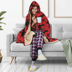 Black And Red Hibiscus Pattern Print Hooded Blanket