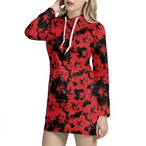 Black And Red Hibiscus Pattern Print Hoodie Dress