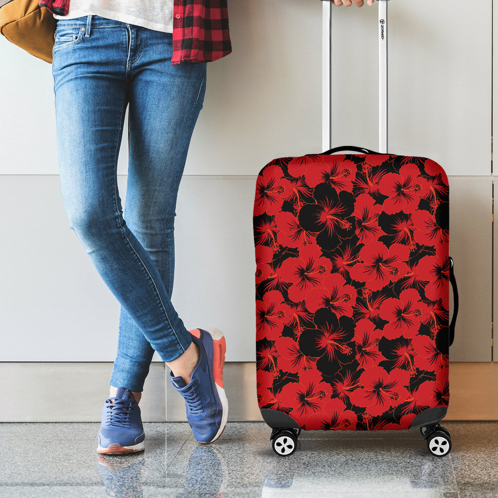 Black And Red Hibiscus Pattern Print Luggage Cover