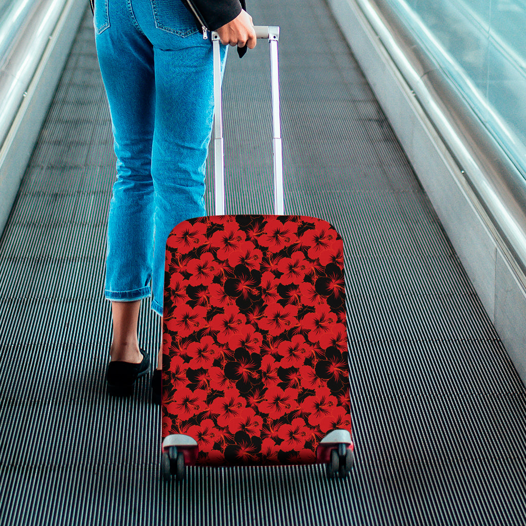 Black And Red Hibiscus Pattern Print Luggage Cover