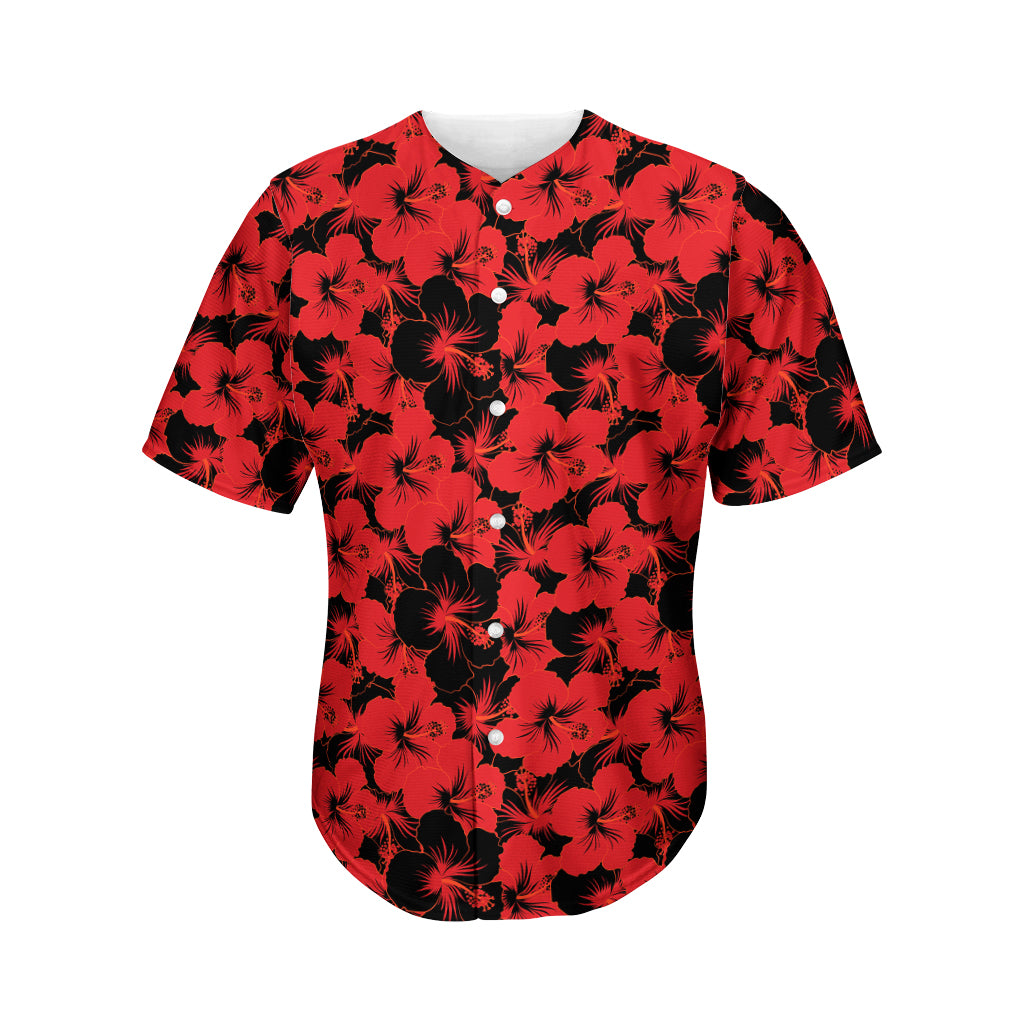 Black And Red Hibiscus Pattern Print Men's Baseball Jersey