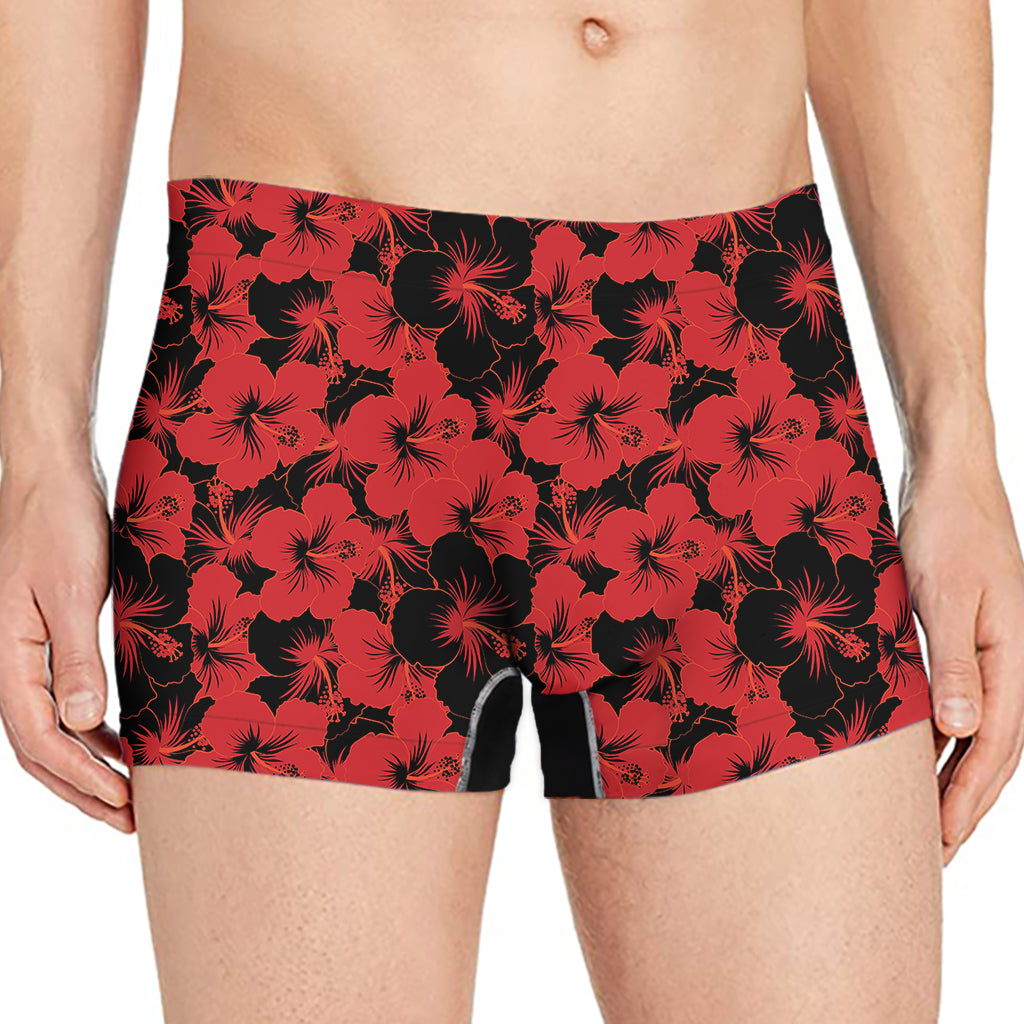Black And Red Hibiscus Pattern Print Men's Boxer Briefs