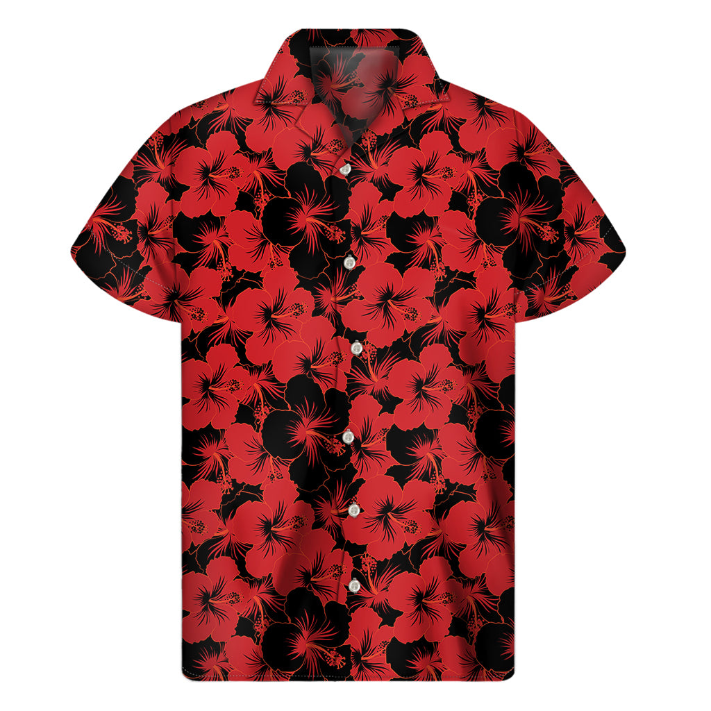 Black And Red Hibiscus Pattern Print Men's Short Sleeve Shirt