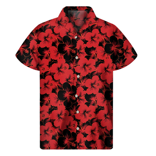 Black And Red Hibiscus Pattern Print Men's Short Sleeve Shirt