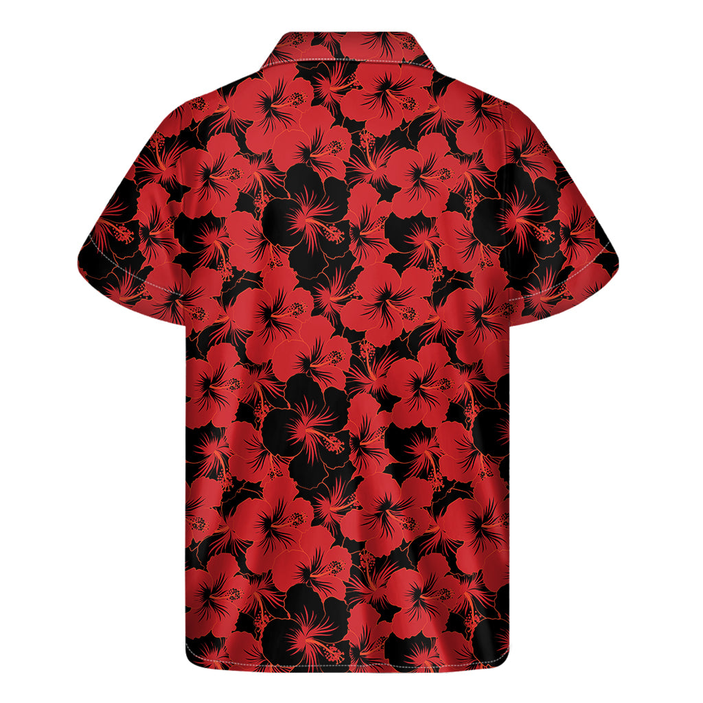 Black And Red Hibiscus Pattern Print Men's Short Sleeve Shirt