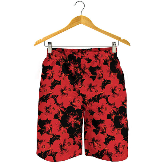 Black And Red Hibiscus Pattern Print Men's Shorts