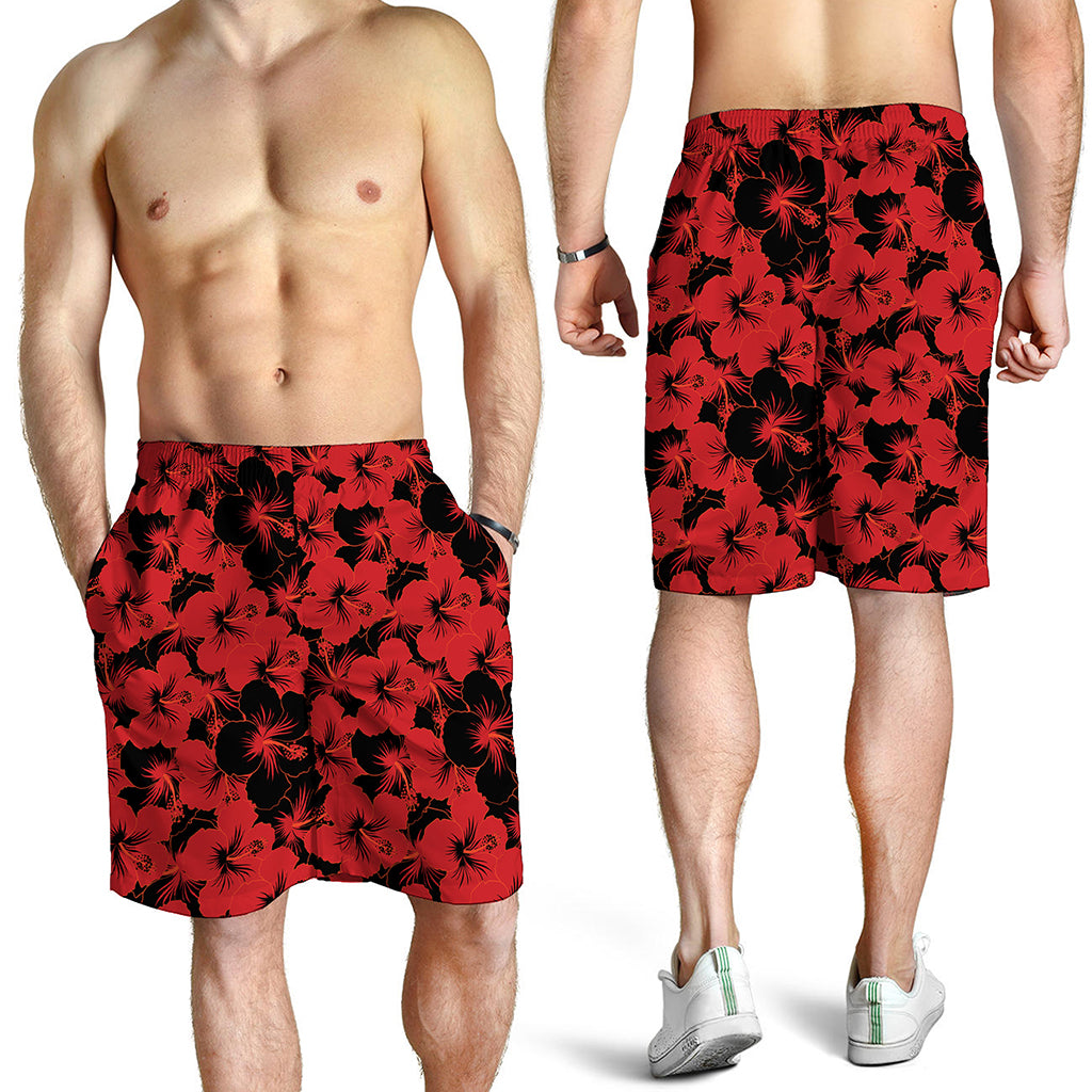 Black And Red Hibiscus Pattern Print Men's Shorts