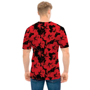 Black And Red Hibiscus Pattern Print Men's T-Shirt