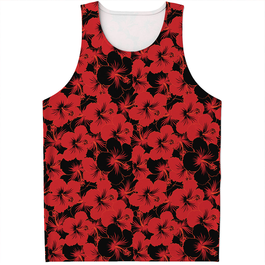 Black And Red Hibiscus Pattern Print Men's Tank Top