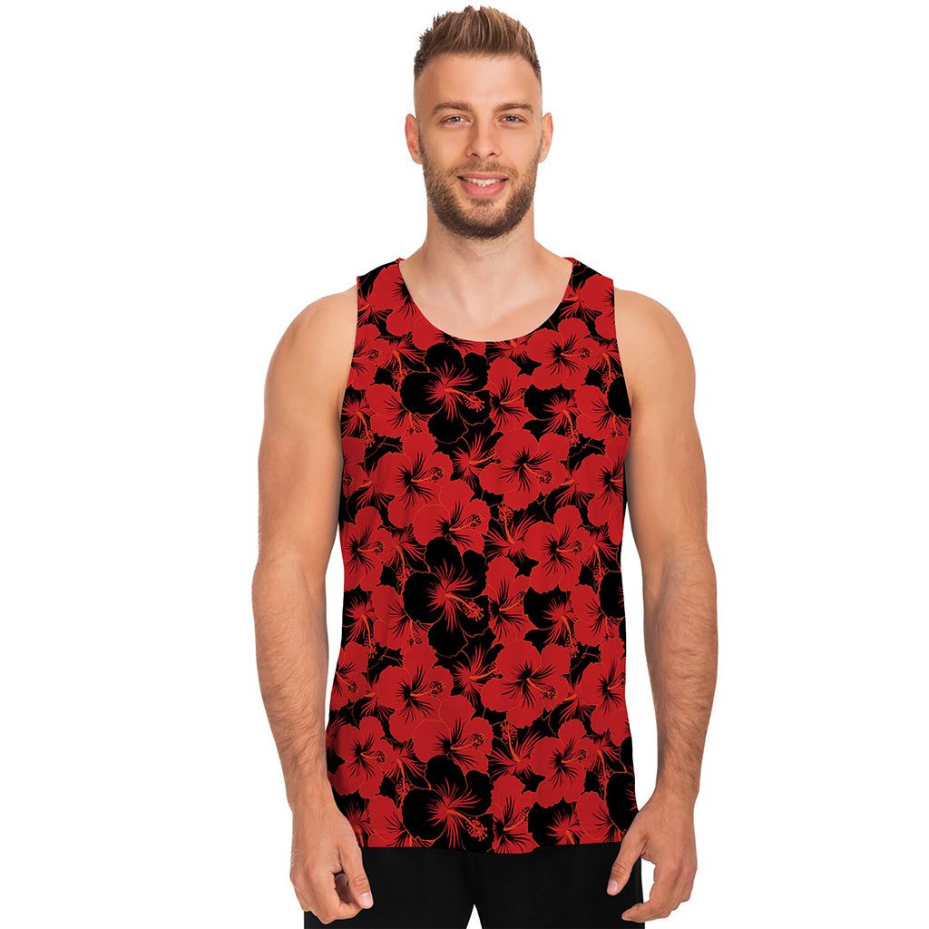 Black And Red Hibiscus Pattern Print Men's Tank Top