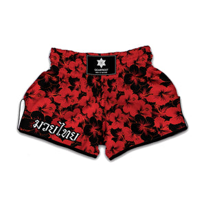 Black And Red Hibiscus Pattern Print Muay Thai Boxing Shorts