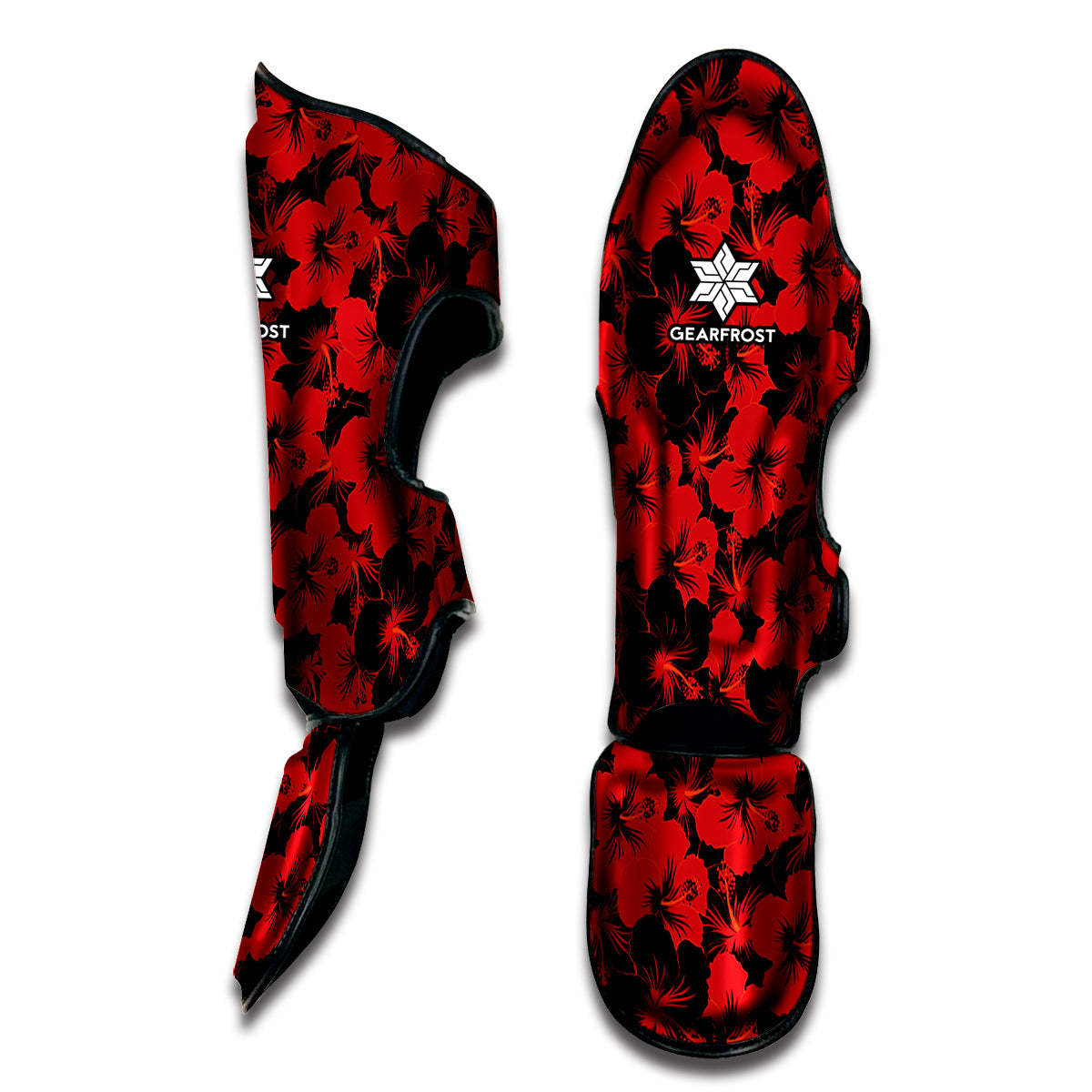 Black And Red Hibiscus Pattern Print Muay Thai Shin Guard