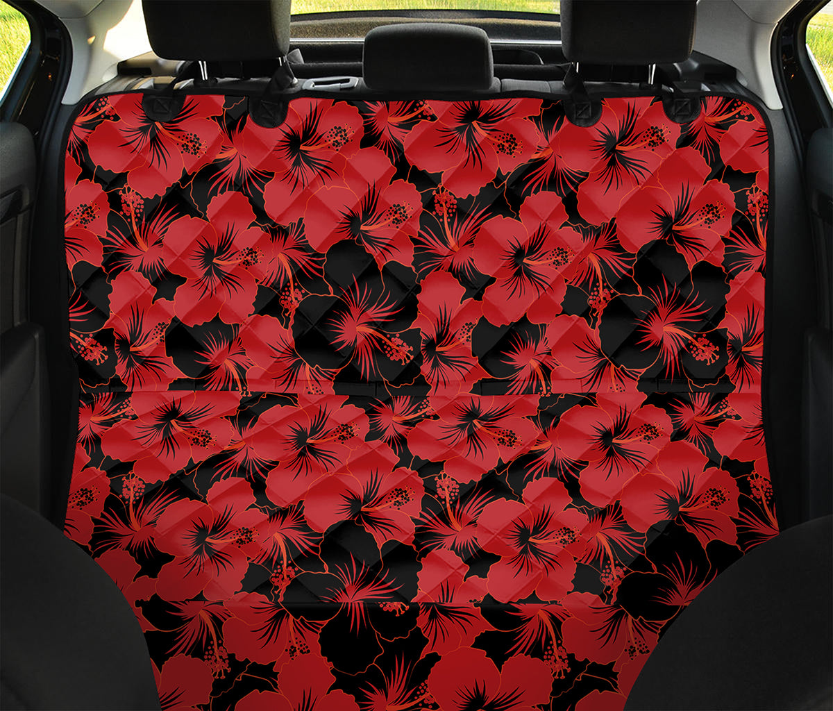 Black And Red Hibiscus Pattern Print Pet Car Back Seat Cover