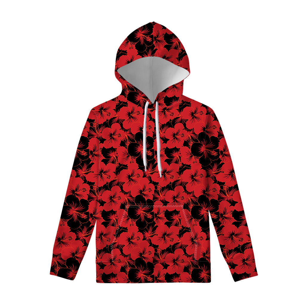 Black And Red Hibiscus Pattern Print Pullover Hoodie