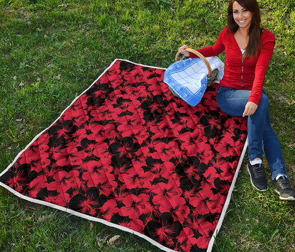 Black And Red Hibiscus Pattern Print Quilt