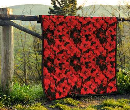 Black And Red Hibiscus Pattern Print Quilt