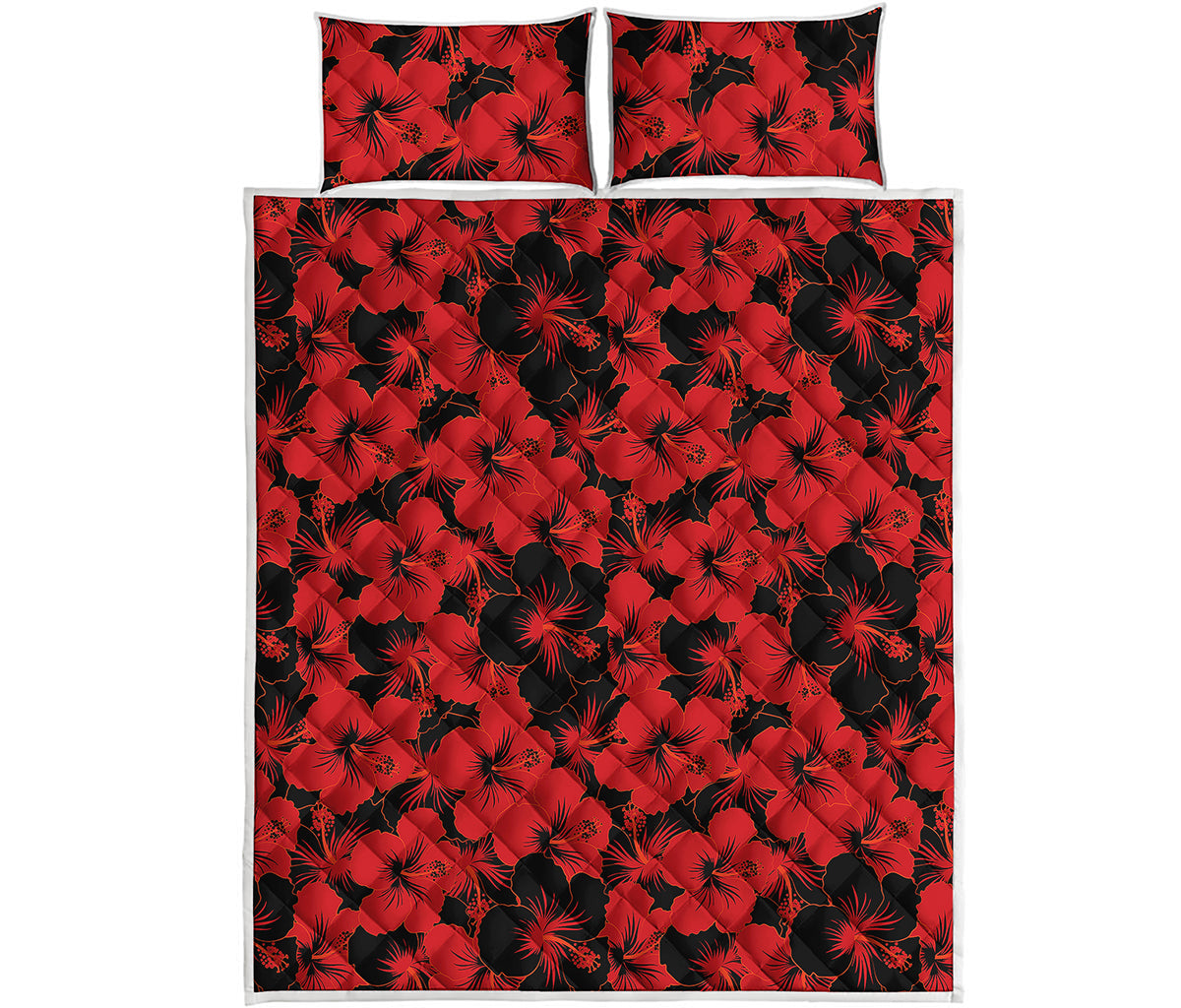 Black And Red Hibiscus Pattern Print Quilt Bed Set